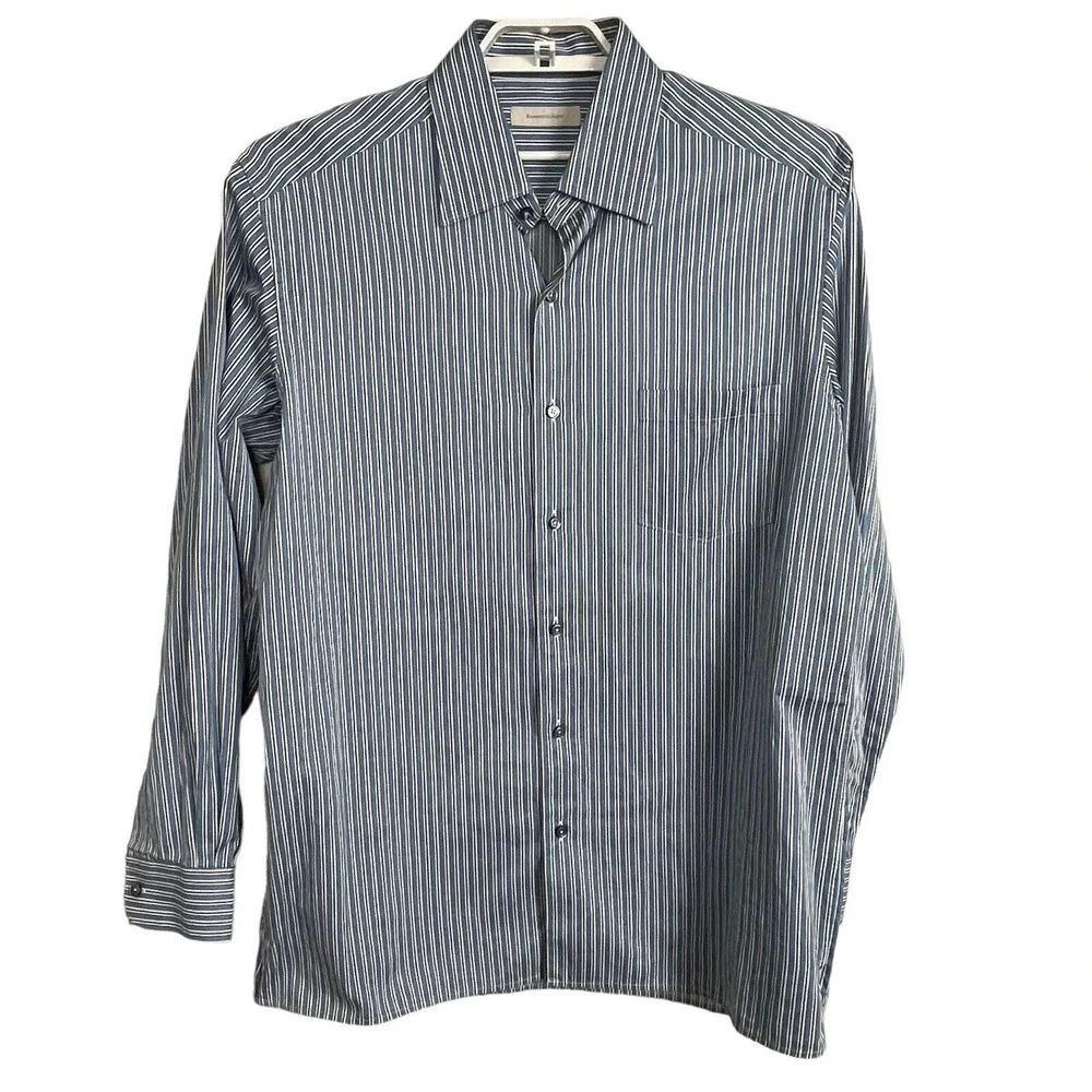 Ermenegildo Zegna Italy Size XL Button Down Long Sleeve Blue White Striped Shirt